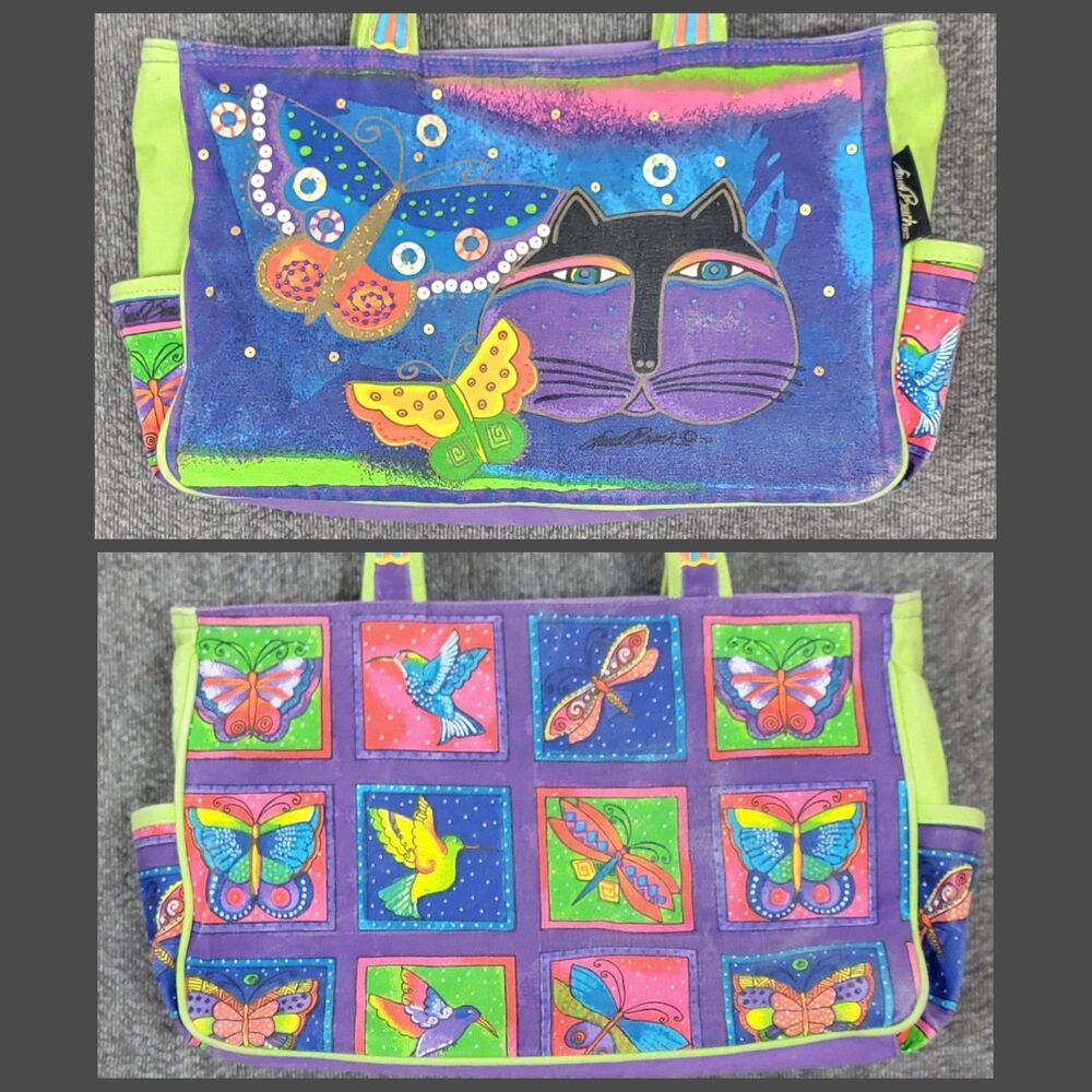 Laurel Burch Bag Multicolor Cat Butterflies Birds Double Handle Canvas Tote